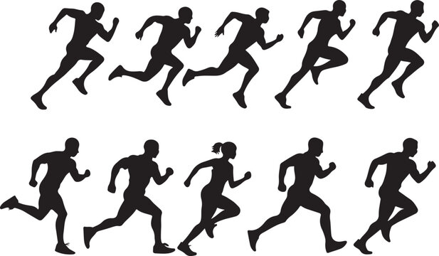 Athletic runners in motion black silhouettes running athletes