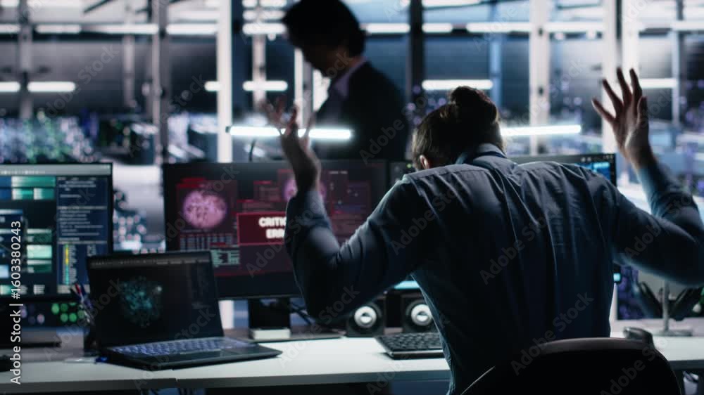 Poster irked data center programmer smashing desk, upset by malfunctioning gear while using ai tech. mad se