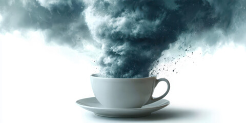 A tornado in an white english tea cup before white background