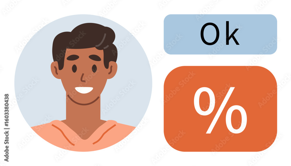 Poster smiling person avatar in a circular frame next to ok text and percentage sign in contrasting boxes. 
