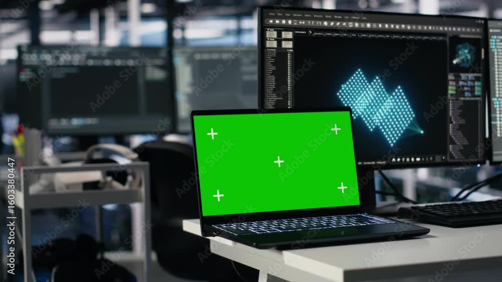 Poster engineer in data center coding with generative ai assistance on chroma key laptop. computer scientis