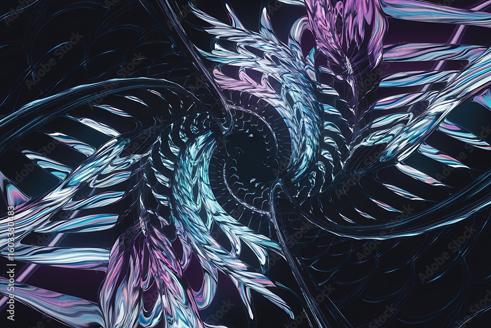 Poster swirling iridescent abstract organic forms with neon color gradients background texture