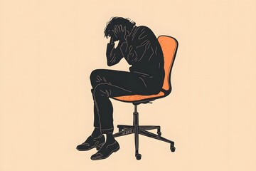 Minimal vector of a man slouched in an office chair, face buried in hands, expressing stress and emotional exhaustion. Beige background.

