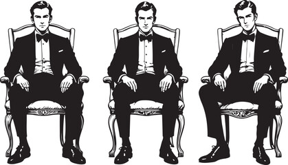 Elegant men seated in ornate chairs formal wear tuxedo