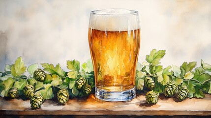 Freshly Brewed Beer with Hops on a Rustic Wooden Surface