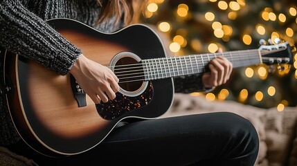 Fototapeta premium Close-Up of Hands Playing Acoustic Guitar with Festive Background Lights
