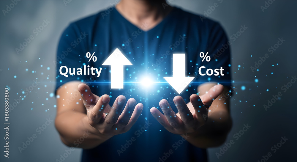 Poster boosting quality while reducing costs: business concept represented with upward and downward arrows