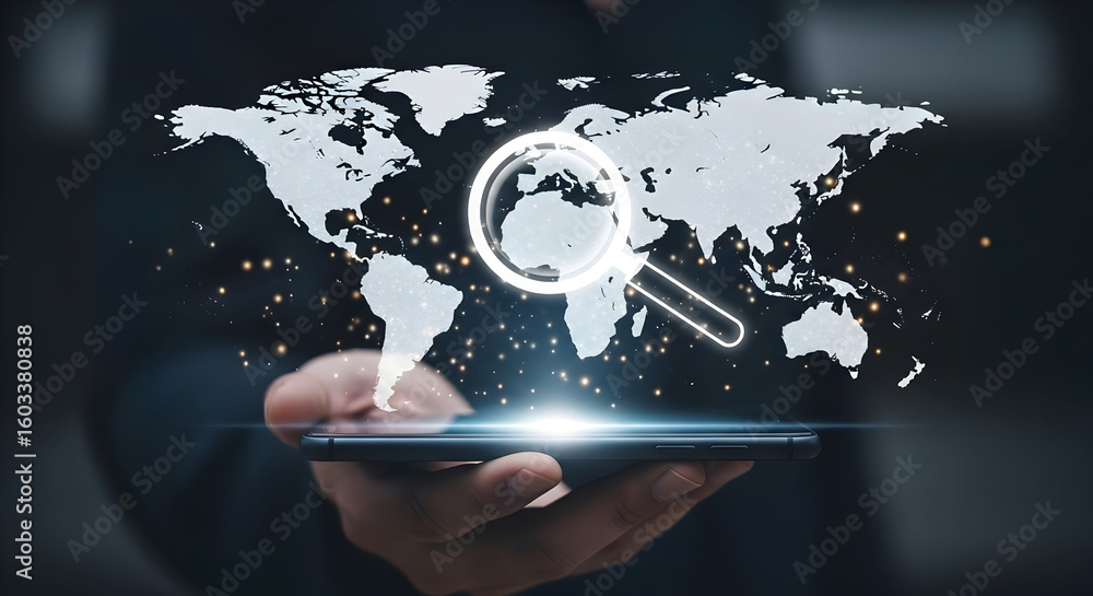 Poster global network search concept: world map with magnifying glass on smartphone in hand