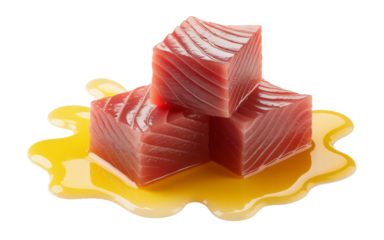 Three robust cubes of deep red tuna are neatly arranged on a shimmering, yellow puddle of oil. The oil spreads outward from the tuna, creating an appetizing base. 