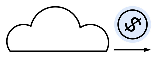 Cloud outline paired with a dollar symbol and right-pointing arrow. Ideal for finance, technology, cloud computing, business, growth, innovation, data, flat simple metaphor
