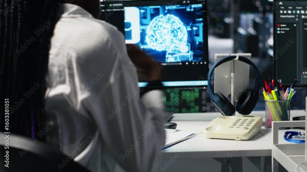 Poster female technician in data center answers telephone call, assisting users with ai troubleshooting. se