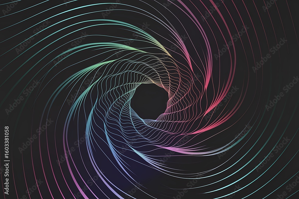 Poster swirling rainbow colored lines forming a tunnel on black background abstract pattern