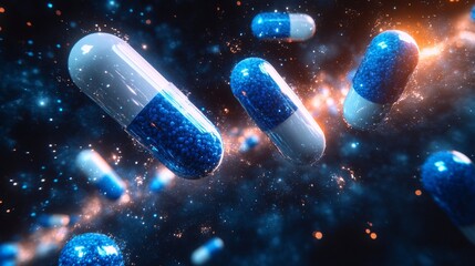 Futuristic floating capsules of blue and white medicine pills in space-like digital environment representing pharmaceutical innovation, healthcare technology and advanced drug delivery systems