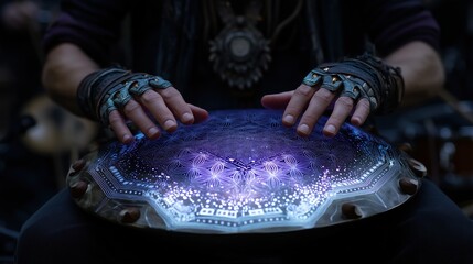 Cyber puppet musician concept, Hands playing a beautifully crafted handpan instrument.