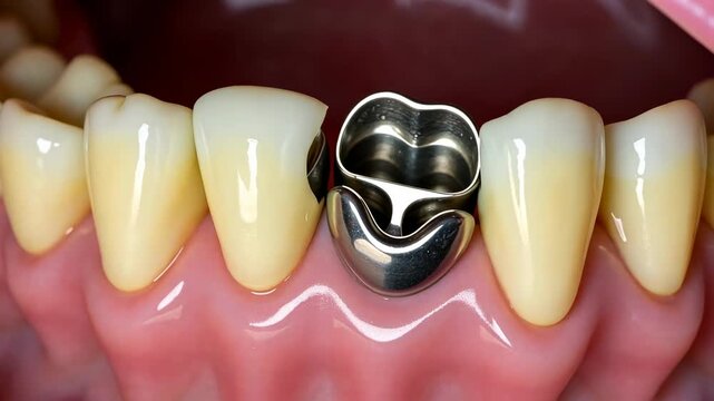 teeth, dental implant, crown fitting. Oral health. Implants integrate with jawbone. Crowns restore tooth function. Dentistry improves chewing ability.