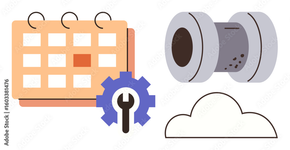 Poster calendar with highlighted date, gear with wrench, pipe segment, and cloud outline. ideal for schedul