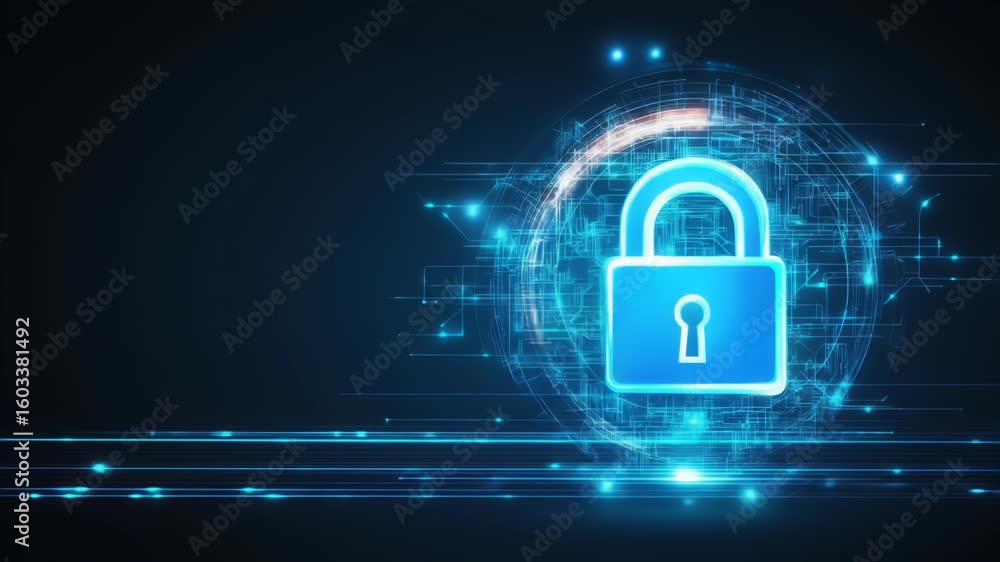 Poster cybersecurity concept illustration with a digital padlock glowing blue against a dark background rep