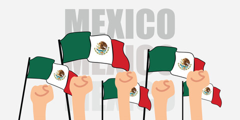 hand with flag of the Mexico or Mexico independence day vector illustration of Mexico flag with gray background banner or greeting card