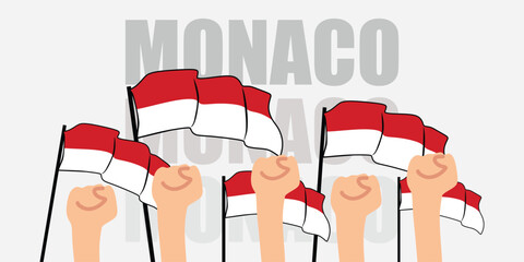 hand with flag of the Monaco or Monaco independence day vector illustration of Monaco flag with gray background banner or greeting card