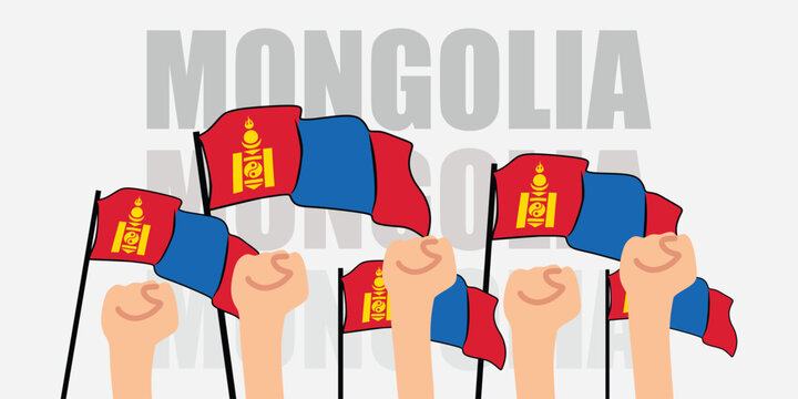 hand with flag of the Mongolia or Mongolia independence day vector illustration of Mongolia flag with gray background banner or greeting card
