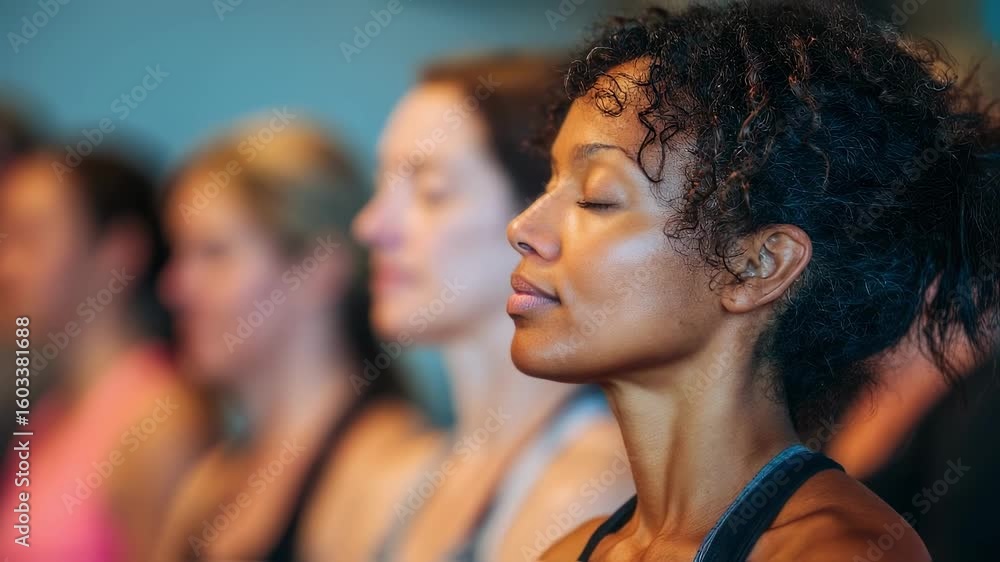 Poster closeup of a group engaged in a yoga session highlighting the synchronization of breath and movement