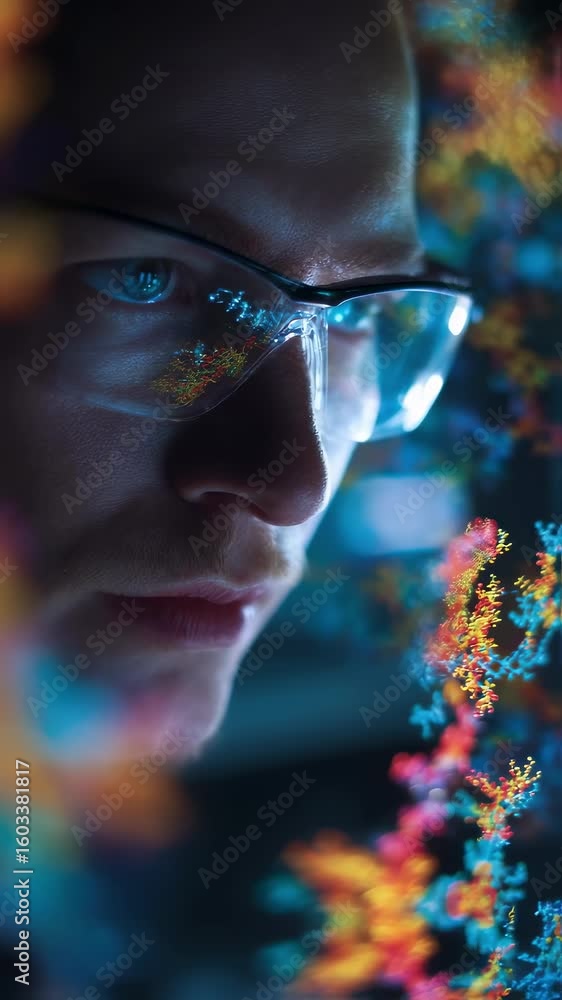Poster closeup of a focused scientist analyzing complex protein structures accelerated by quantum bit qubit