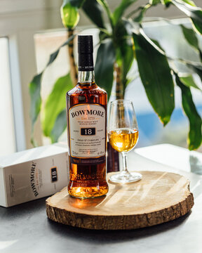 Bowmore Islay Single Malt Scotch Whisky aged 18 years bottle editorial content classic and elegant drink