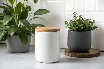 Fototapeta premium White ceramic jar with wooden lid, nestled between lush indoor houseplants, creates a modern, minimalist home decor aesthetic on a light counter.