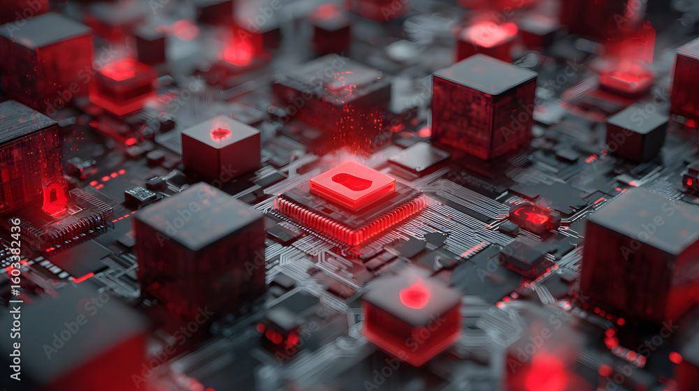 Poster vulnerable computer hardware being hacked and network ransomware digital cybercrime background conce
