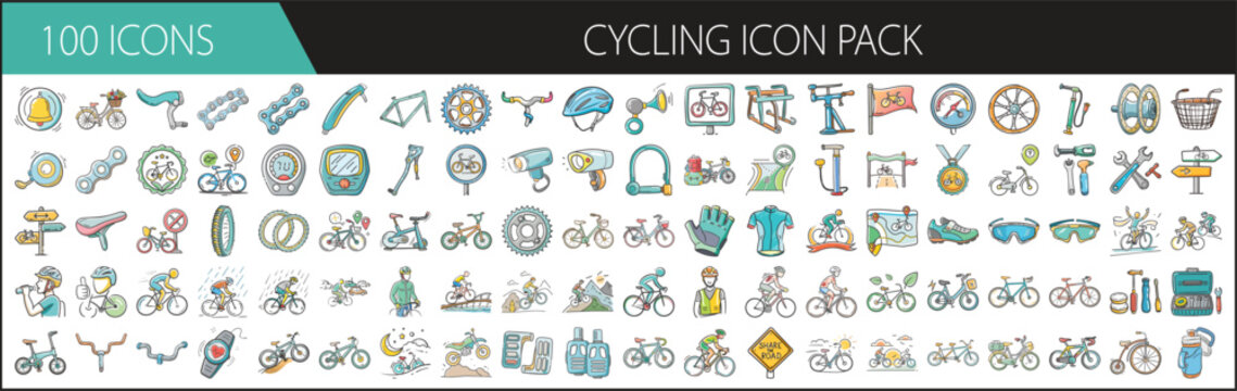 100 Cycling Icons for Biking and Equipment Design - A complete set of 100 cycling icons featuring bicycles, helmets, gears, accessories, sportswear, races, and biking tools. - Powered by Adobe