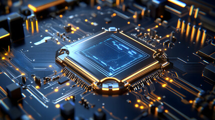 Close up of futuristic microchip on circuit board, glowing with blue and gold lights, showcasing advanced technology and intricate design. image conveys innovation and sophistication