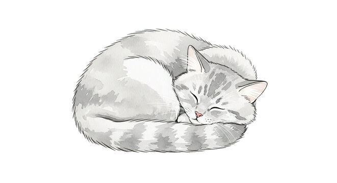 A curled up gray and white tabby cat sleeping peacefully on a black background in a watercolor style