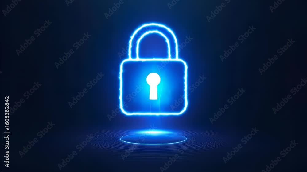 Poster glowing blue padlock against dark background symbolizing security and data protection concept. illum