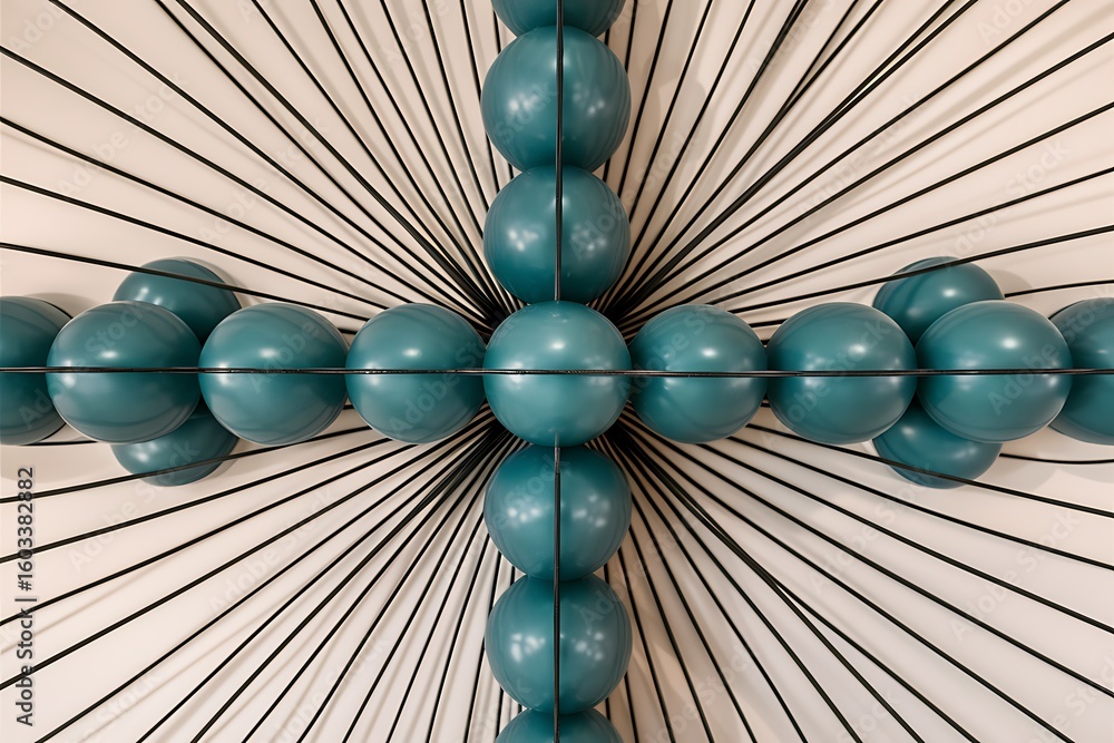 Poster teal spheres arranged in a cross shape with radiating black lines abstract background