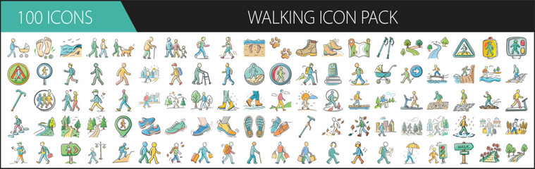 Walking Icon Pack with Fitness and Hiking Symbols - Set of 100 illustrated walking icons featuring hikers, walking people, shoes, trails, fitness tracking, nature paths, and directions.