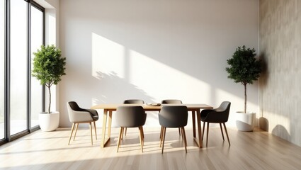 Modern dining room with a long wooden table and upholstered chairs bathed in natural sunlight streaming through large windows