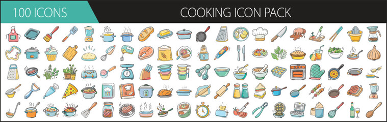 Cooking Icon Pack with Kitchen Tools and Food - Collection of 100 colorful cooking icons featuring food items, kitchen utensils, pots, pans, ingredients, recipes, and preparation tools.