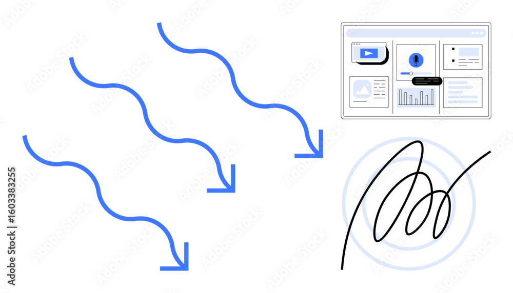 Poster flowing arrows signify process direction, a dashboard screen highlights analytics, and a signature s