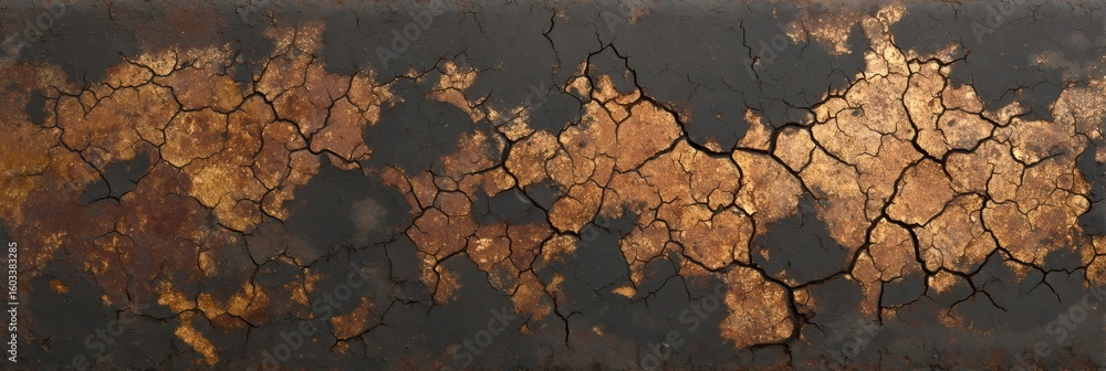 Poster cracked dark earth texture with golden brown patterns. abstract background representing mining, gems