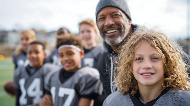 Happy Youth Football Team with Coach, Smiling Kids in Uniforms