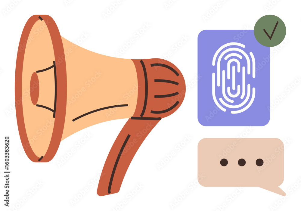 Poster megaphone representing communication, fingerprint for security, and message bubble for interaction. 