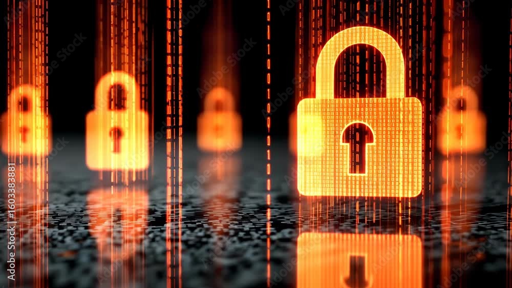 Poster digital security: glowing padlocks with binary code streams for cyber protection