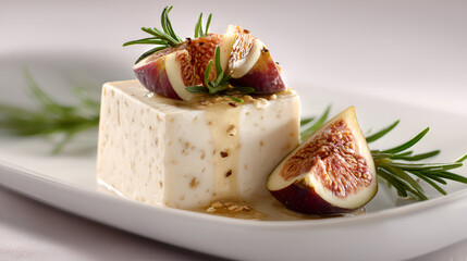 Elegant Dessert: Creamy custard block topped with fresh figs, rosemary and drizzled with golden honey.
