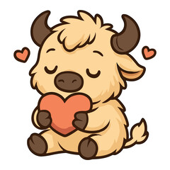 Cartoon cute buffalo holds a loving heart