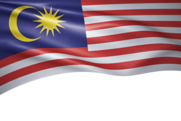 Waving Malaysian flag with crescent moon and star emblem in blue canton and red and white stripes