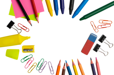 Colorful school and office supplies arranged in a circle on transparent background with central copy space for design. 