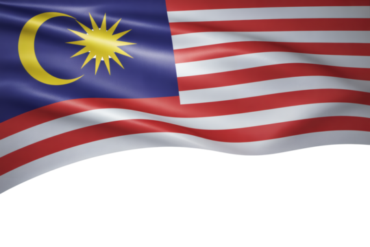Waving Malaysian flag with crescent moon and star emblem in blue canton and red and white stripes
