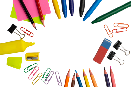 Colorful school and office supplies arranged in a circle on transparent background with central copy space for design.