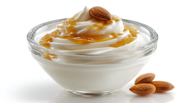 Creamy dessert with almonds and caramel served in a clear glass bowl on a clean white background.