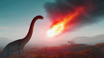 Dinosaur walking through ancient landscape as meteor fireball blazes across sky, prehistoric extinction event with glowing trail, cinematic lighting and dramatic scenery in a natural history concept